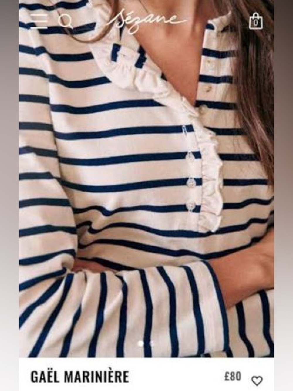 Sézane Gael Mariniere Ruffle Stripe Cotton Shirt/Top in Cream & Navy, size Small